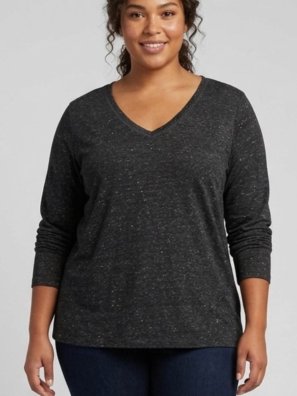 ADDITION ELLE Dark Grey White Linen Blend Long Sleeve Tee 1X